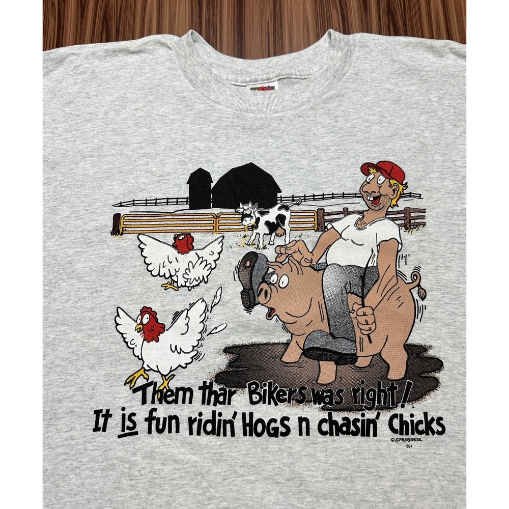 Biker Men's T Shirt 2XL Gray Heathered Riding Hogs Chasing Chicks‎ Motorcycle - Picture 2 of 7